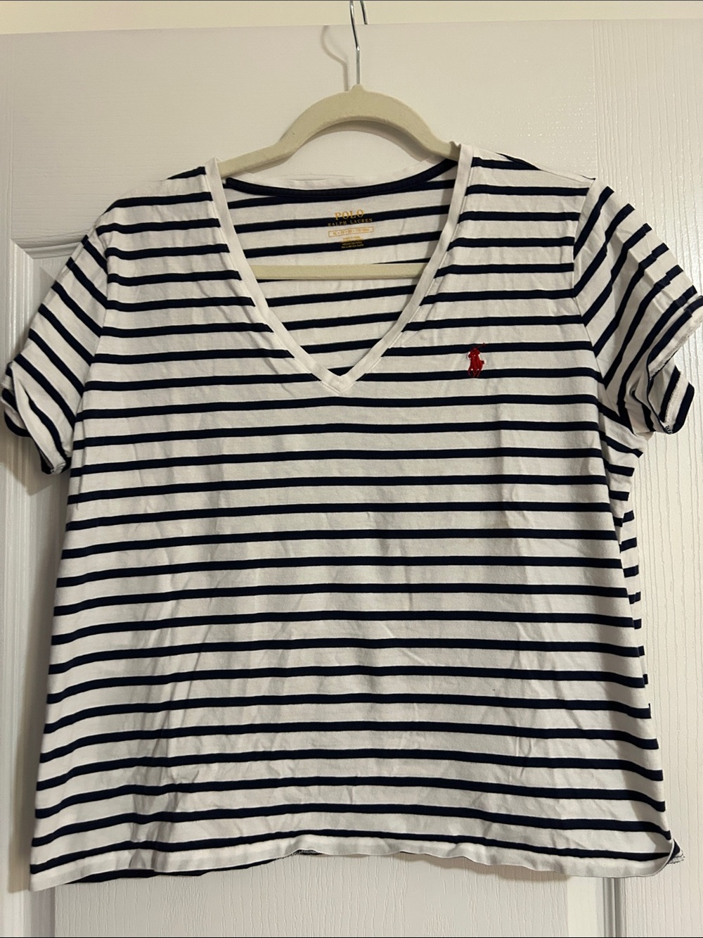 Ralph Lauren White and Navy Striped V-Neck Tee with Red Polo Logo